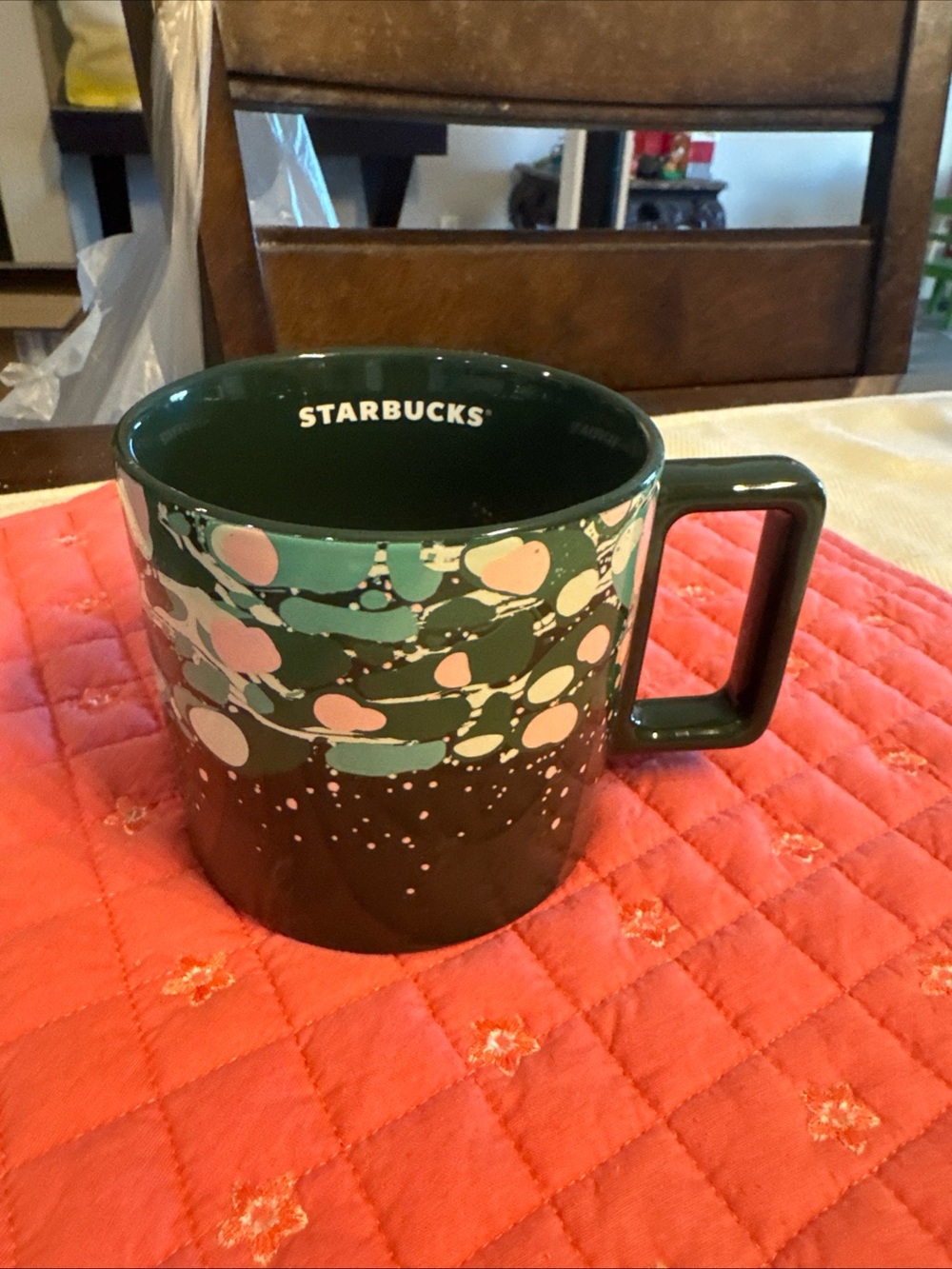 Starbucks Dark Green Ceramic Mug with Pink & White Pattern